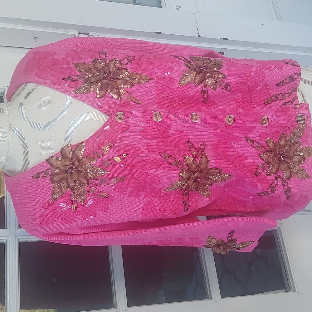 Design Options By Philip & Jane Vintage Pink Poinsettia cardigan sweater large